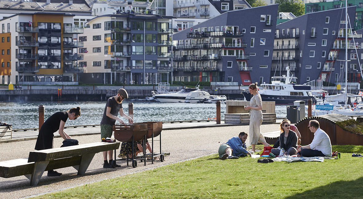 Damsgårdsundet havnepromenade. Grilling i park.